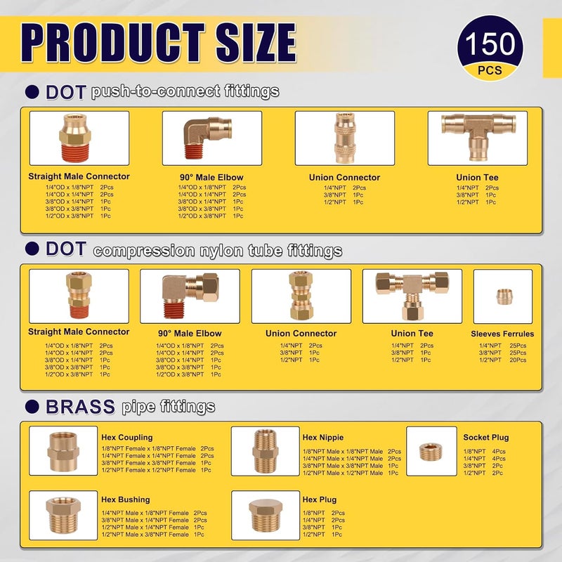 Ailbiuko 150Pcs Brass DOT Push-To-Connect Fittings & Compression Air Nylon Tubing Fittings Assortment Kits,1/4" 1/8" 3/8" 1/2" Air Brake Line Air Hose Fittings for Truck or Industrial Air System - Image 2